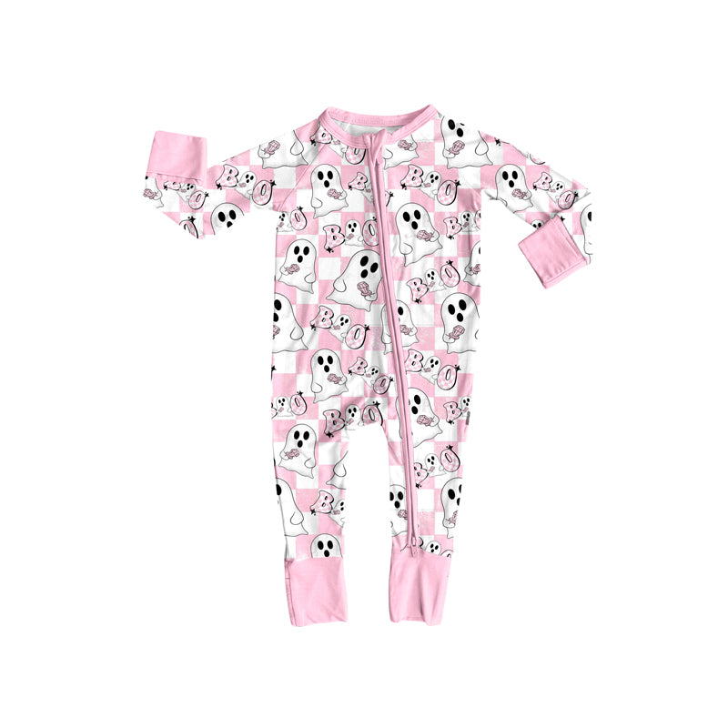 Pink plaid ghost boo baby girls zipper Halloween romper