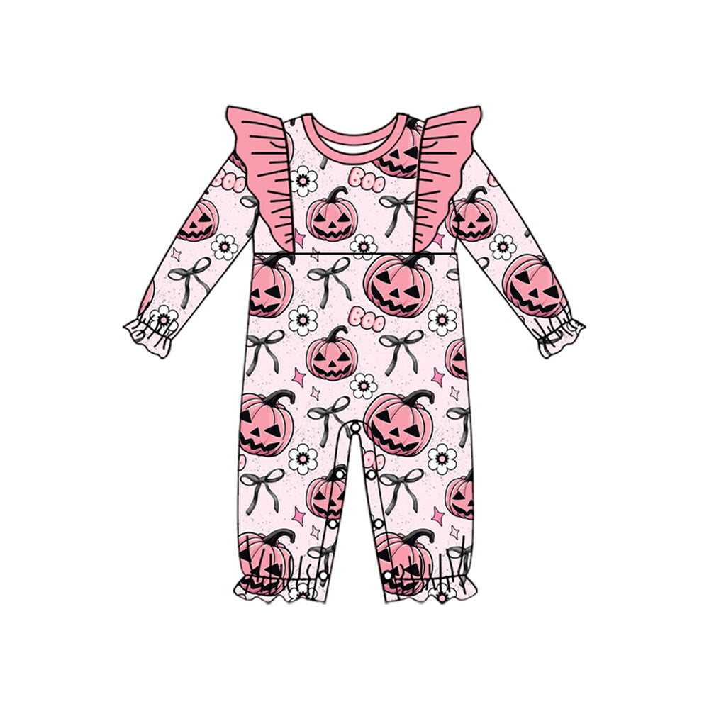 Long sleeves pink pumpkin bow boo baby Halloween romper