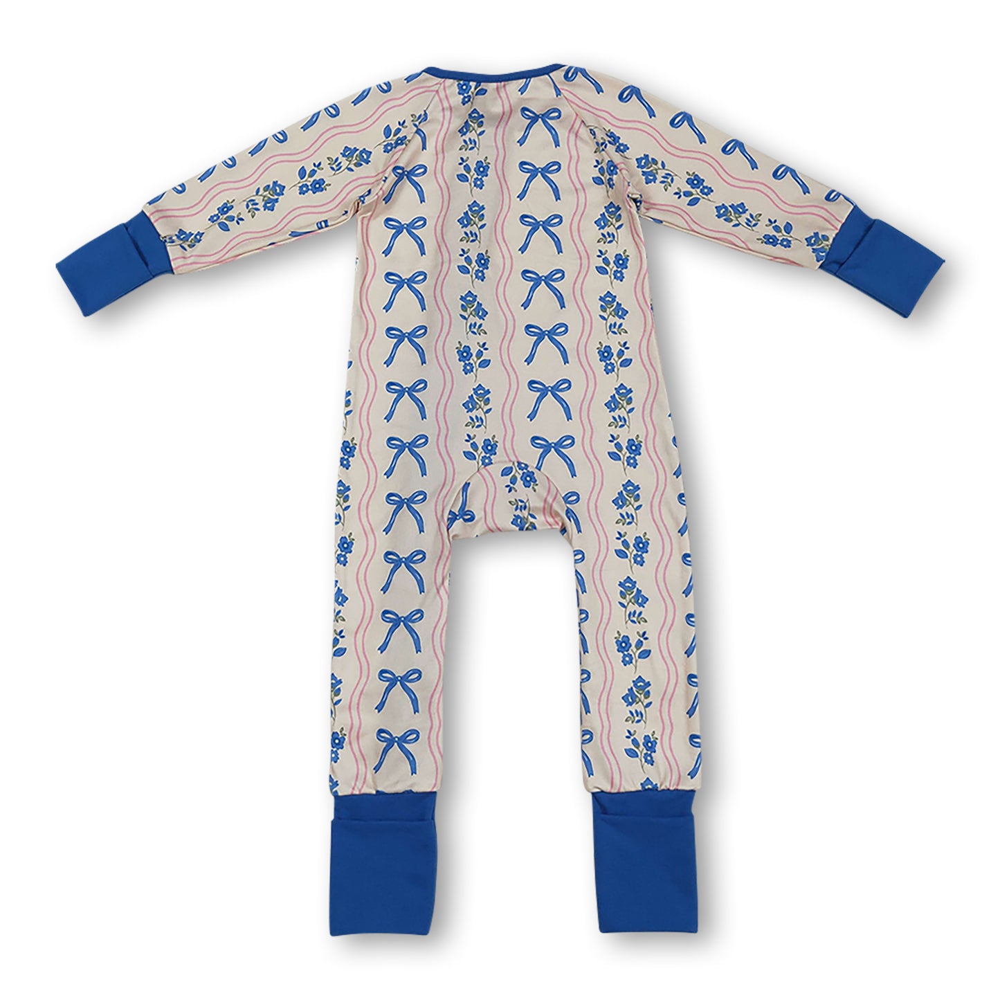 Long sleeves blue bow floral baby girls zipper romper