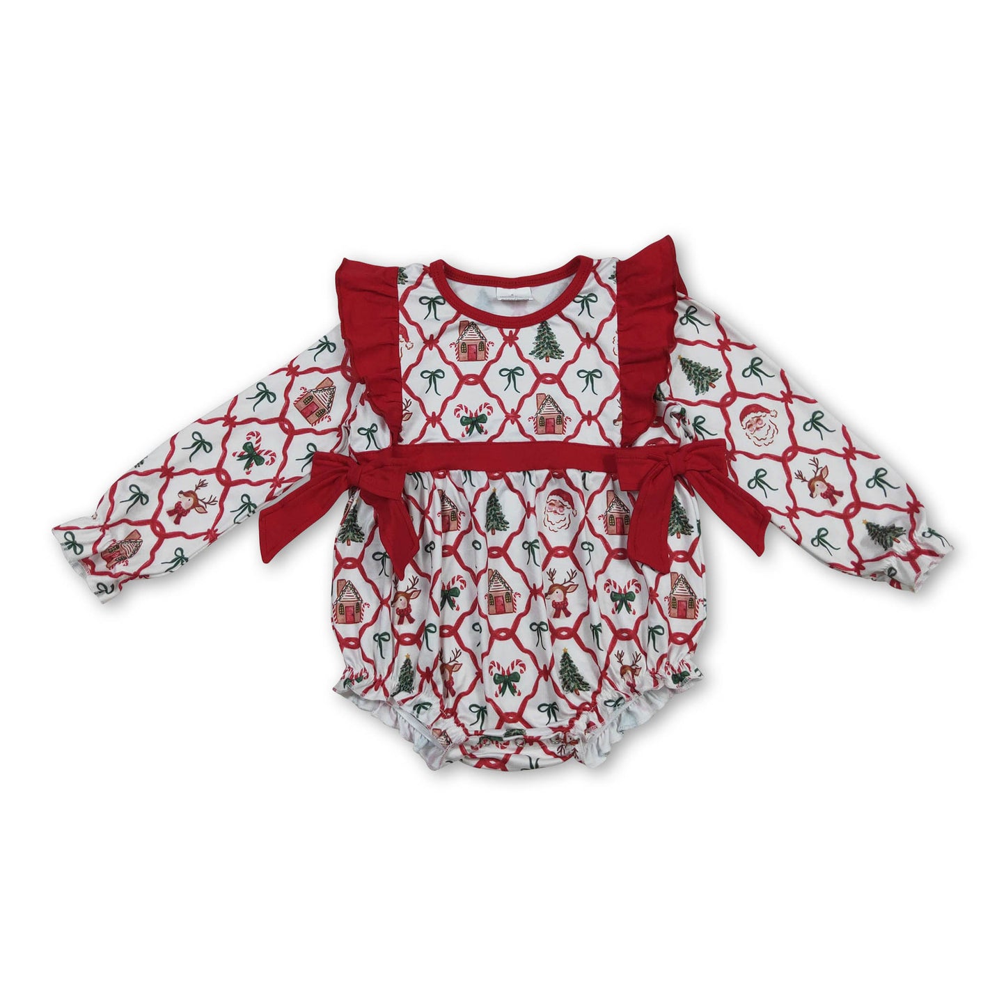 Long sleeves santa deer bow baby girls Christmas romper