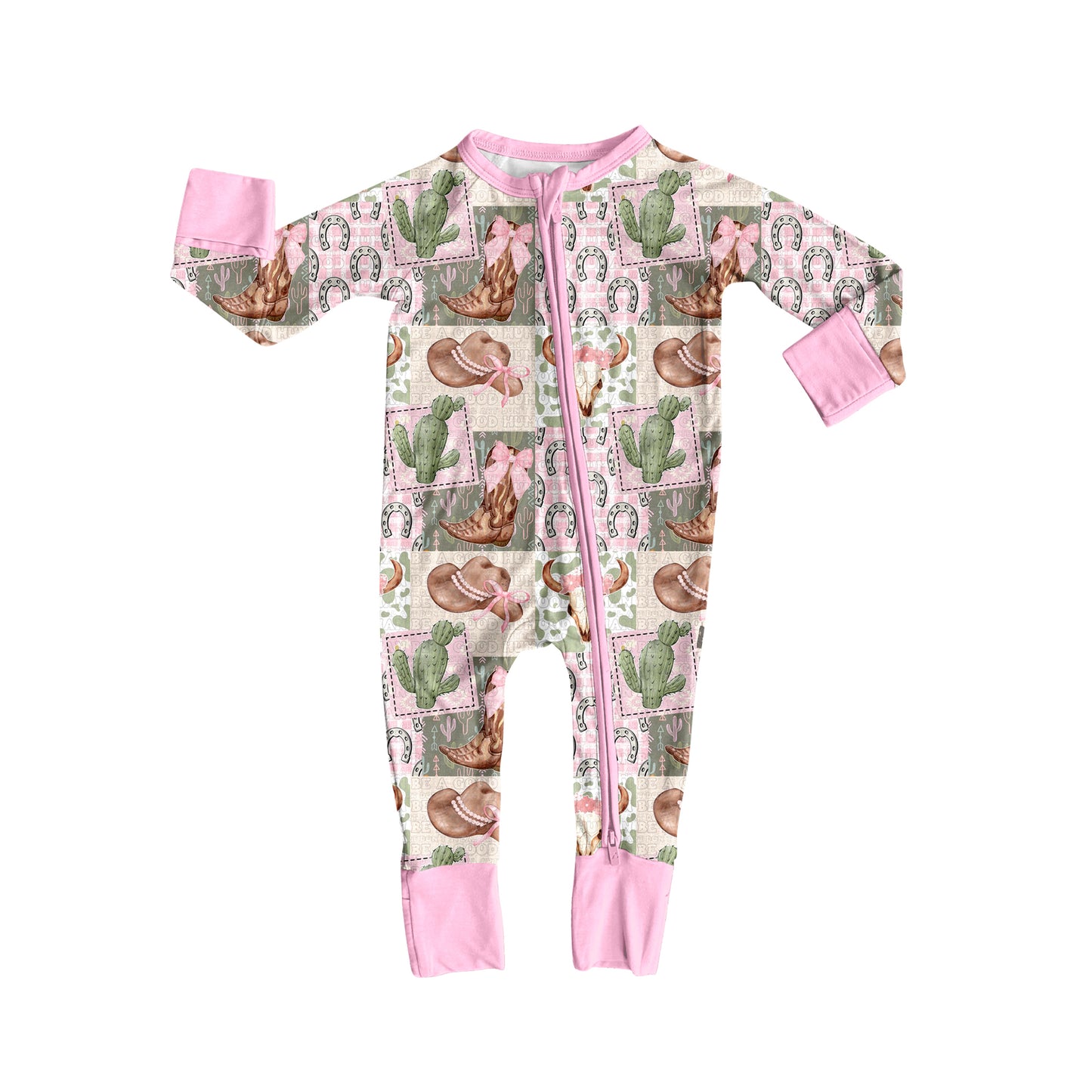 Pink long sleeves bow boots cactus baby zipper romper