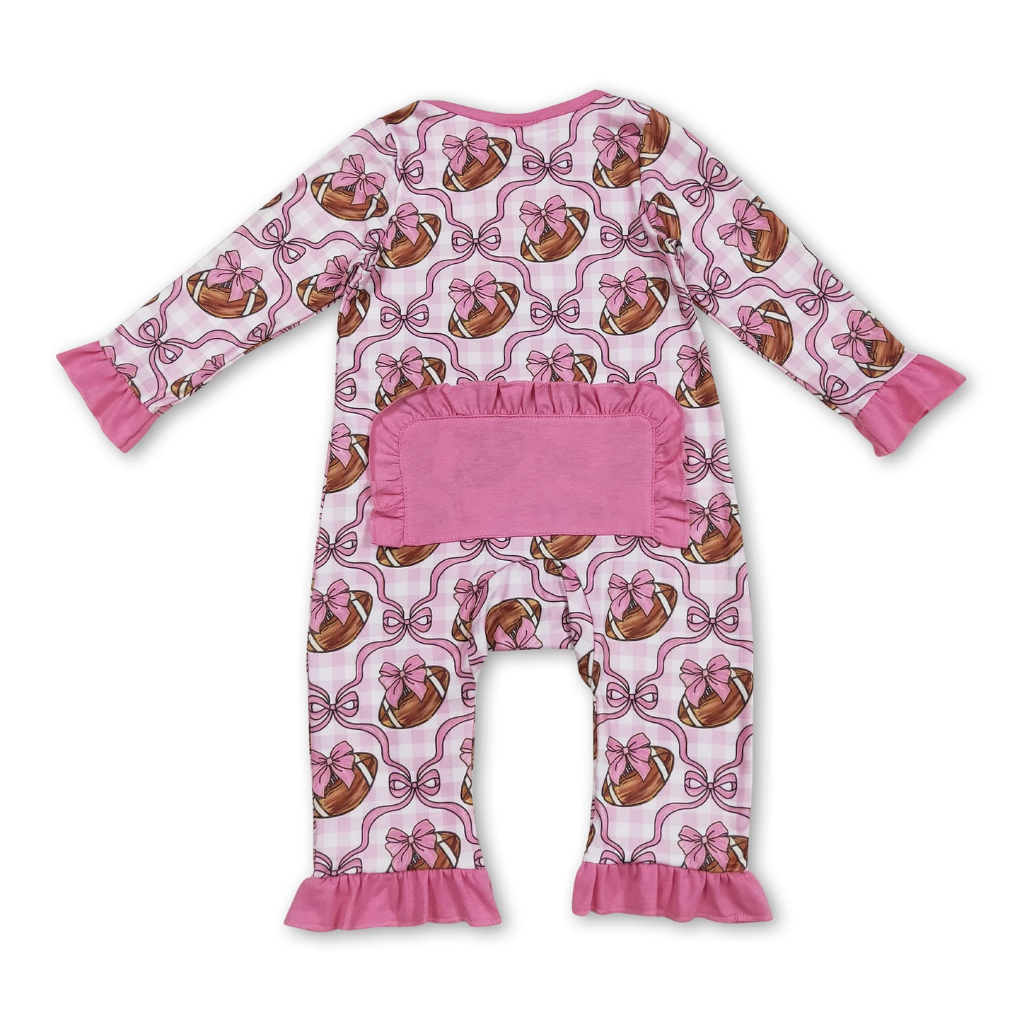Pink ruffle long sleeves football bow baby girls zipper romper