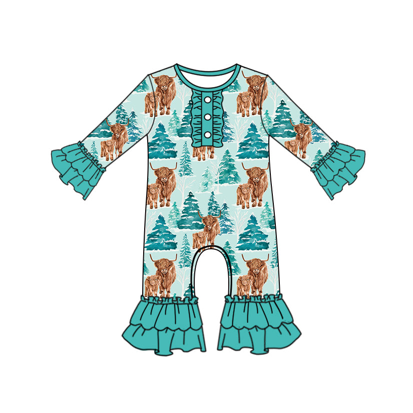 Long sleeves highland cow trees western girls romper