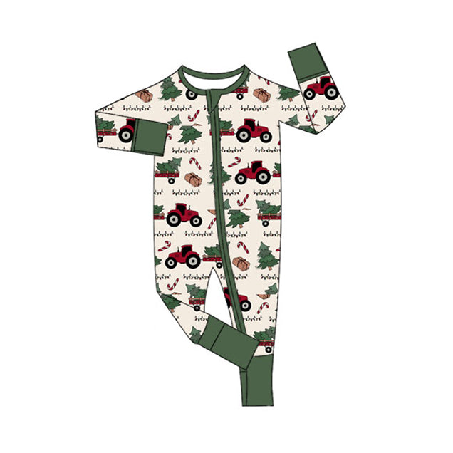 Green Christmas tree tractor baby kids zipper romper