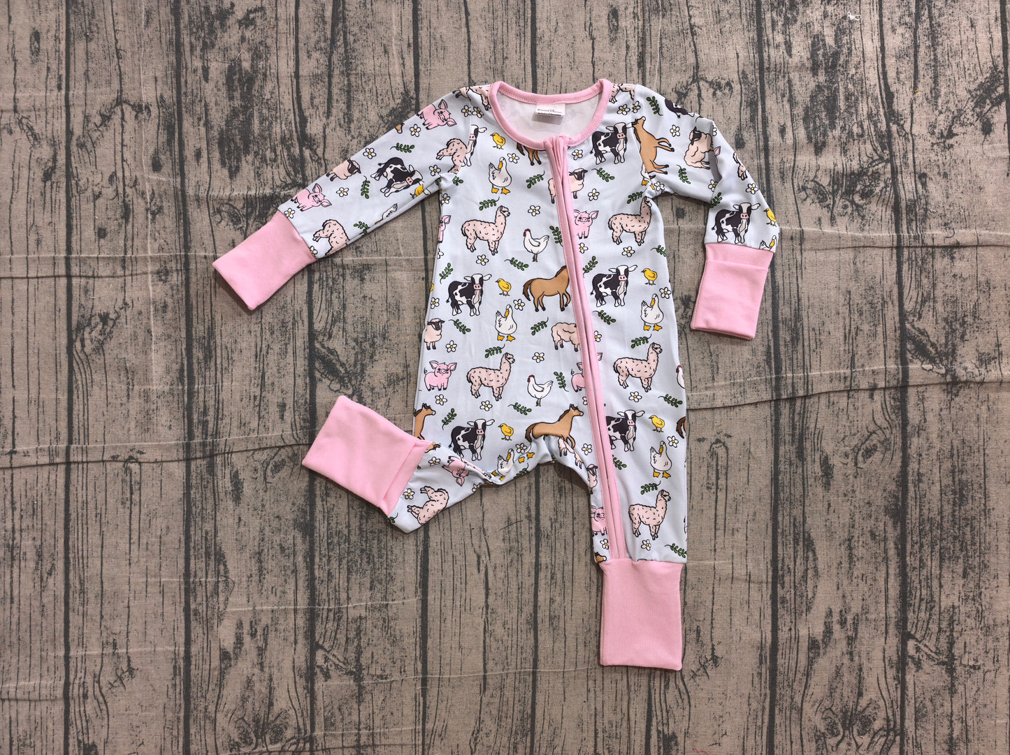 Pink pig chicken cow farm baby girls zipper romper