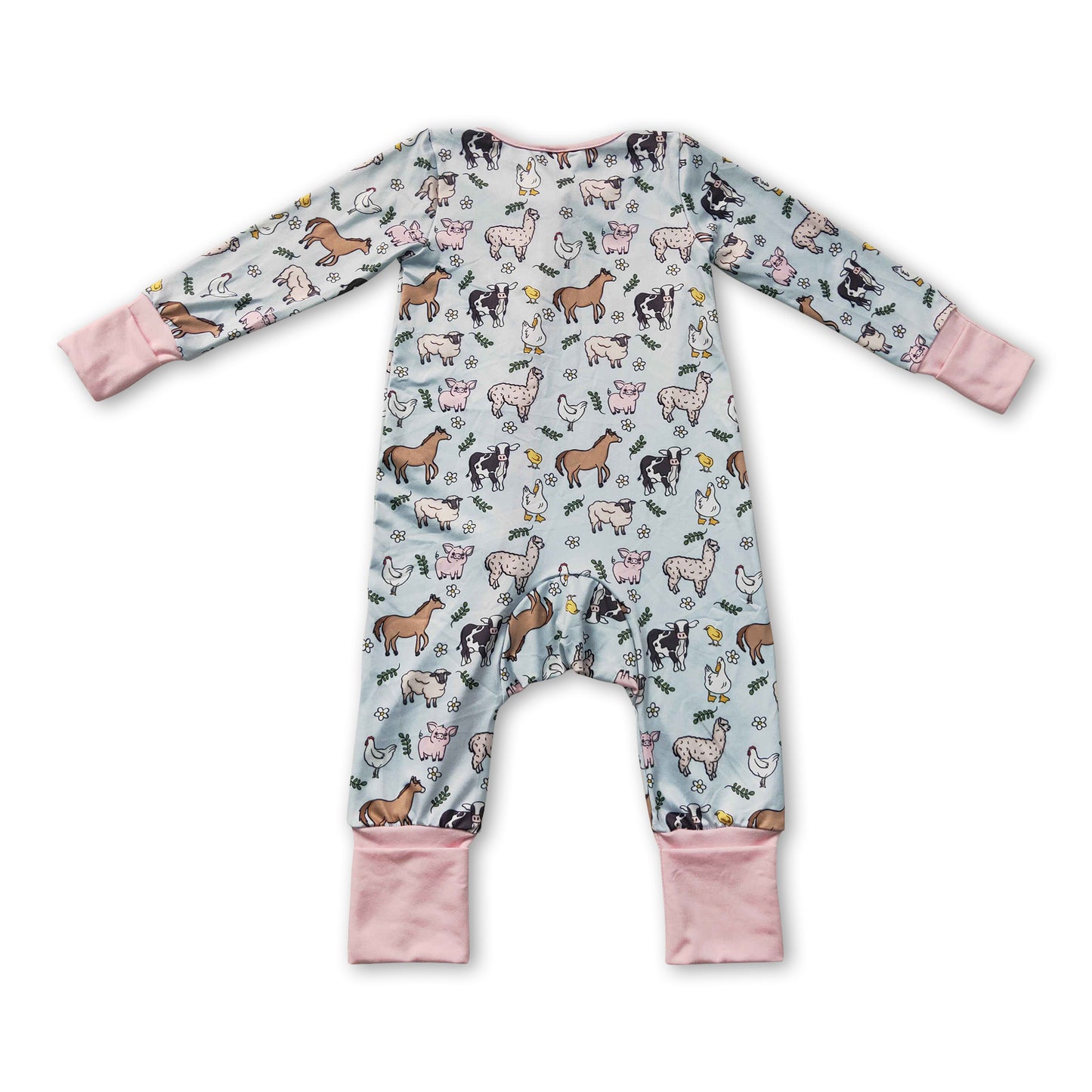 Pink pig chicken cow farm baby girls zipper romper