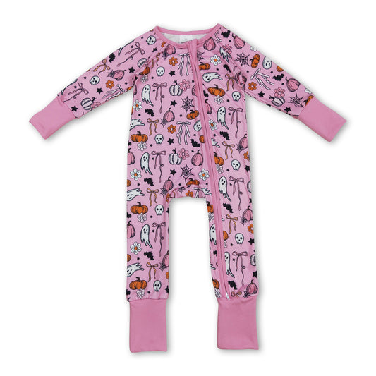 Pink bow pumpkin ghost baby girls Halloween zipper romper ship from US