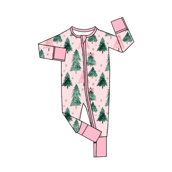 Pink bow long sleeves Christmas tree baby girls zipper romper