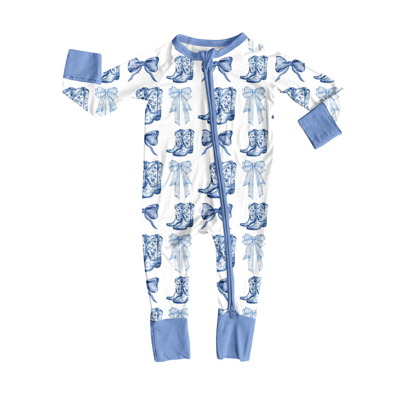 Light blue bow boots western baby girls zipper romper