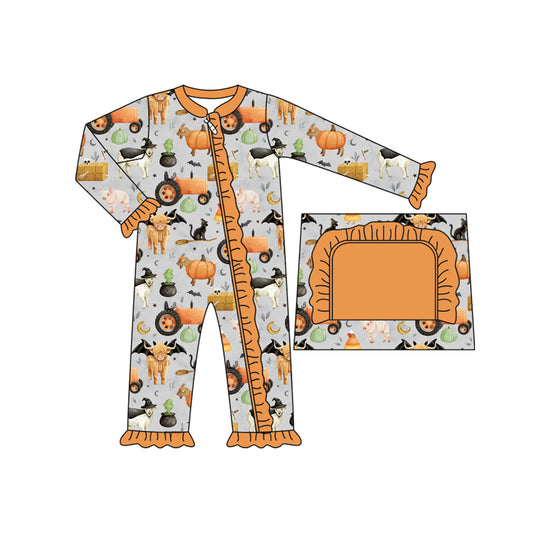 Cow pumpkin bat tractor famr baby girls Halloween zip romper