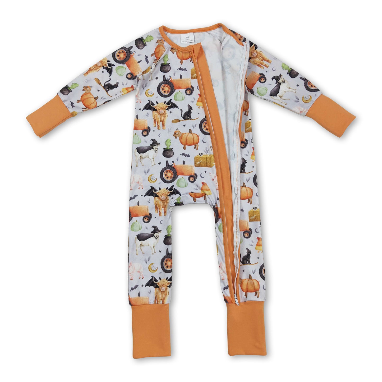 Cow pumpkin bat tractor farm baby boy Halloween zip romper ship from US