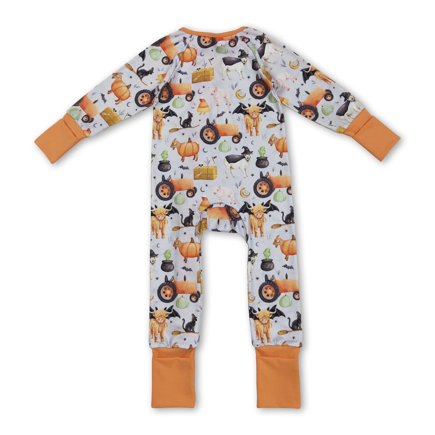 Cow pumpkin bat tractor farm baby boy Halloween zip romper ship from US