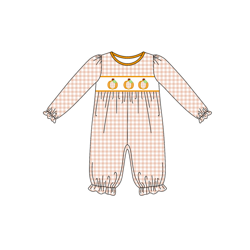 Long sleeves plaid pumpkin baby girls fall romper