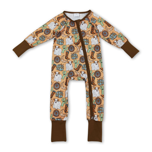 Cow cactus boots pumpkin western baby fall zipper romper