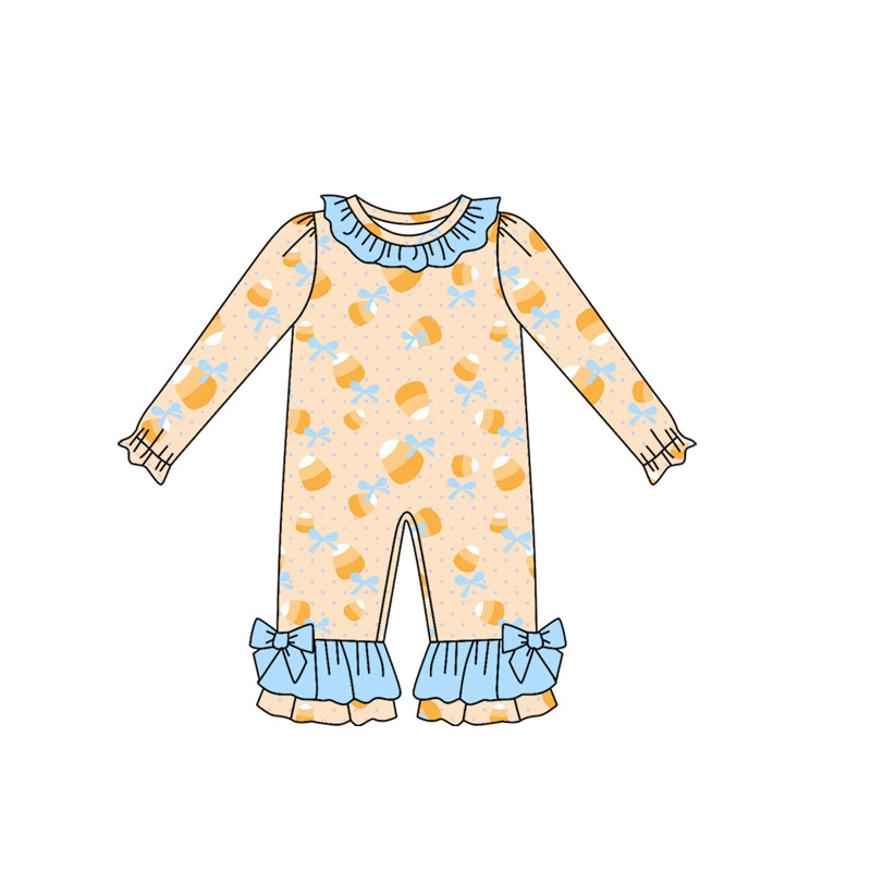 Long sleeves candy corn bow baby girls Halloween romper