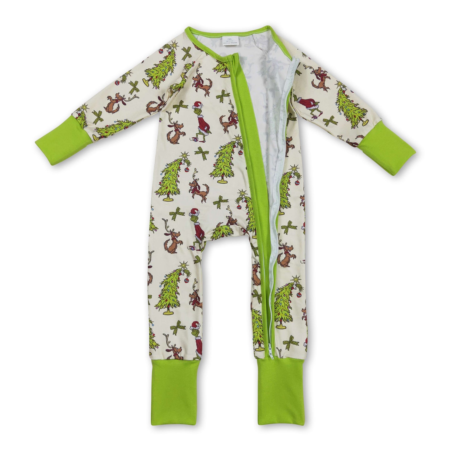 Green face bow Christmas tree baby girls zipper romper