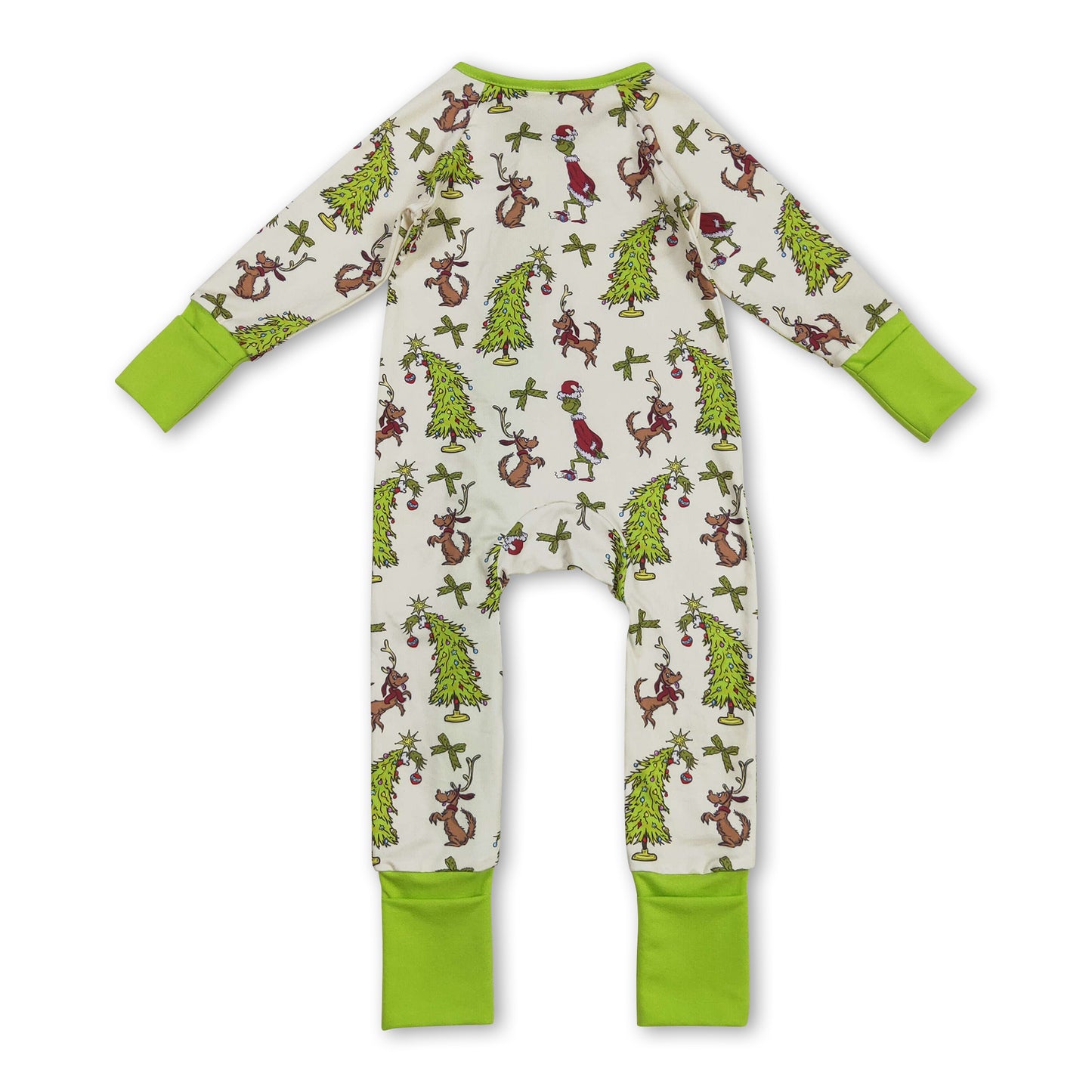 Green face bow Christmas tree baby girls zipper romper