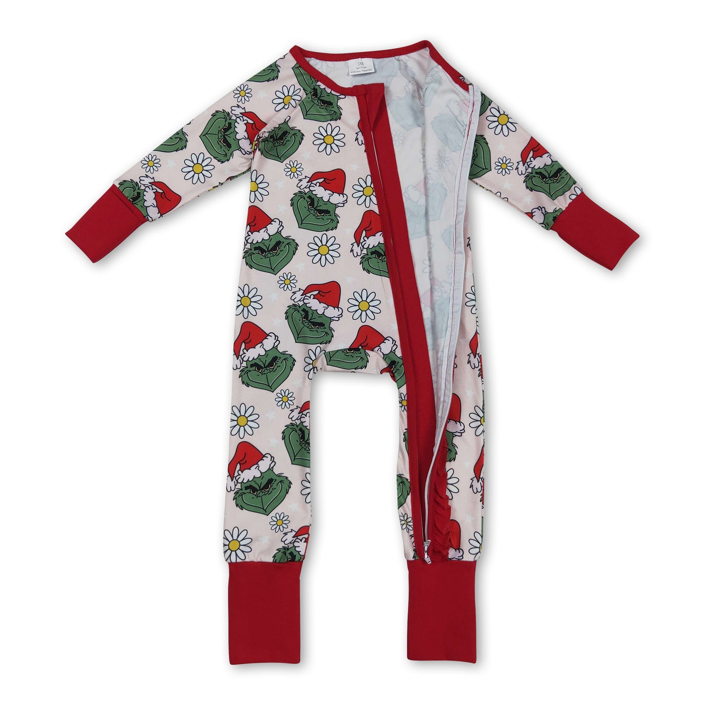 Floral green face Christmas hat baby girls zipper romper