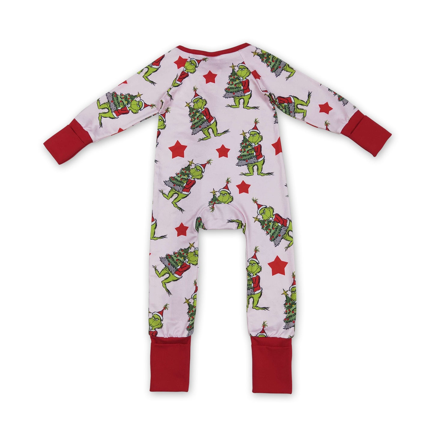 Red stars green face baby girls Christmas zipper romper