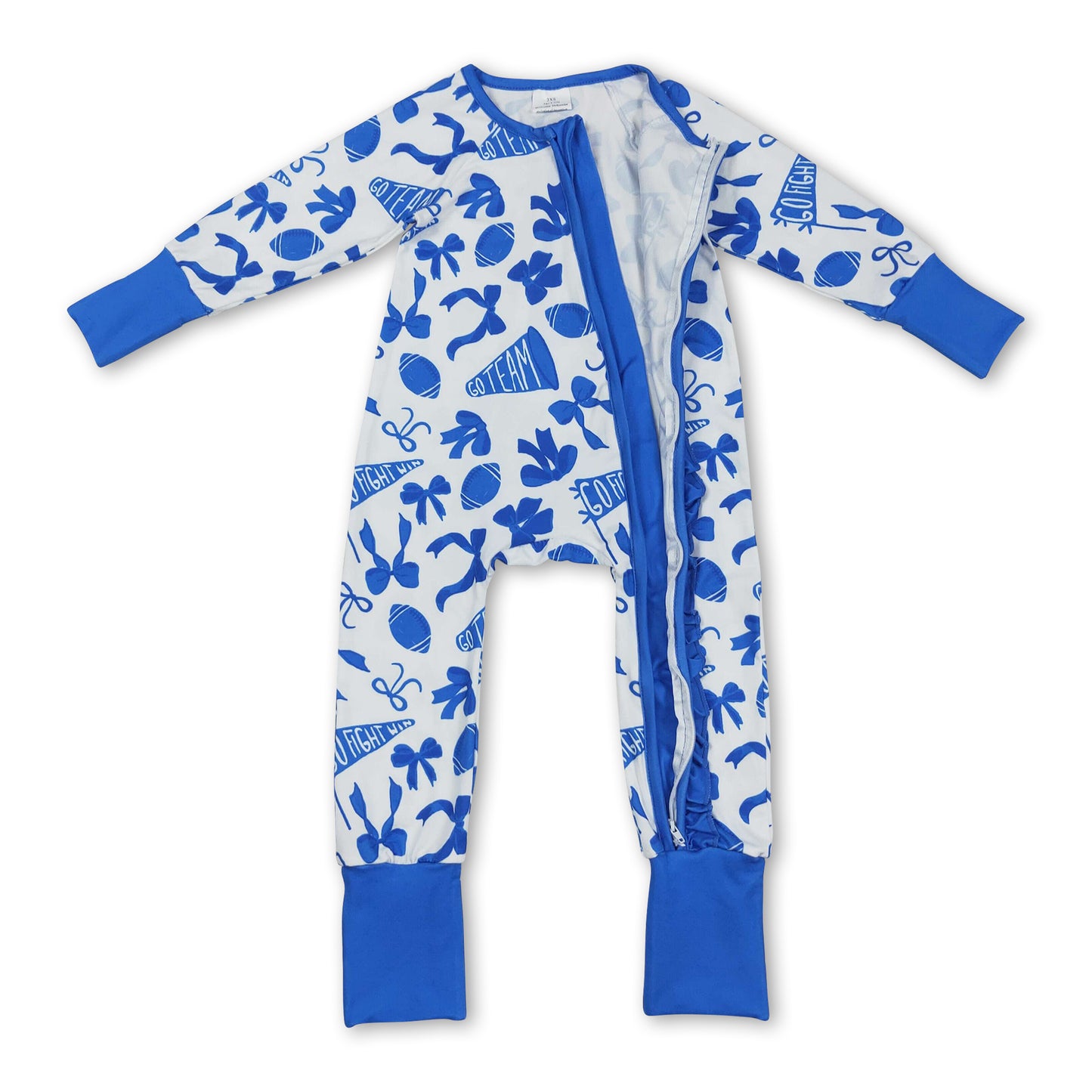 Blue football bow ruffle baby girls team zipper romper