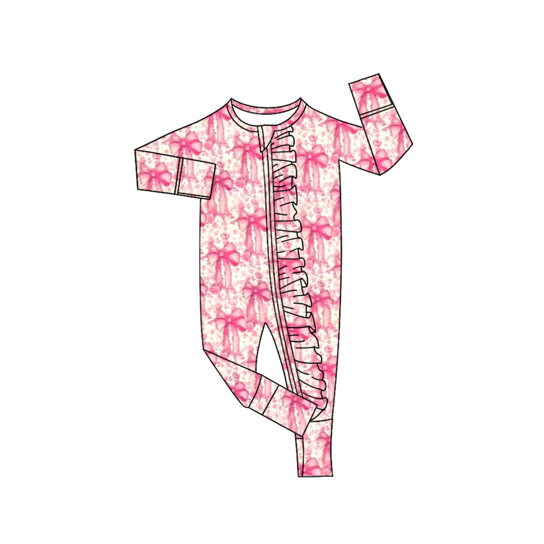 Long sleeves pink bow ruffle baby girls zipper romper