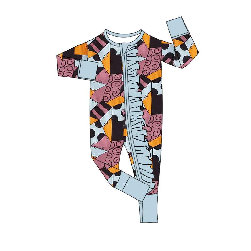 Patchwork print ruffle baby girls Halloween zipper romper