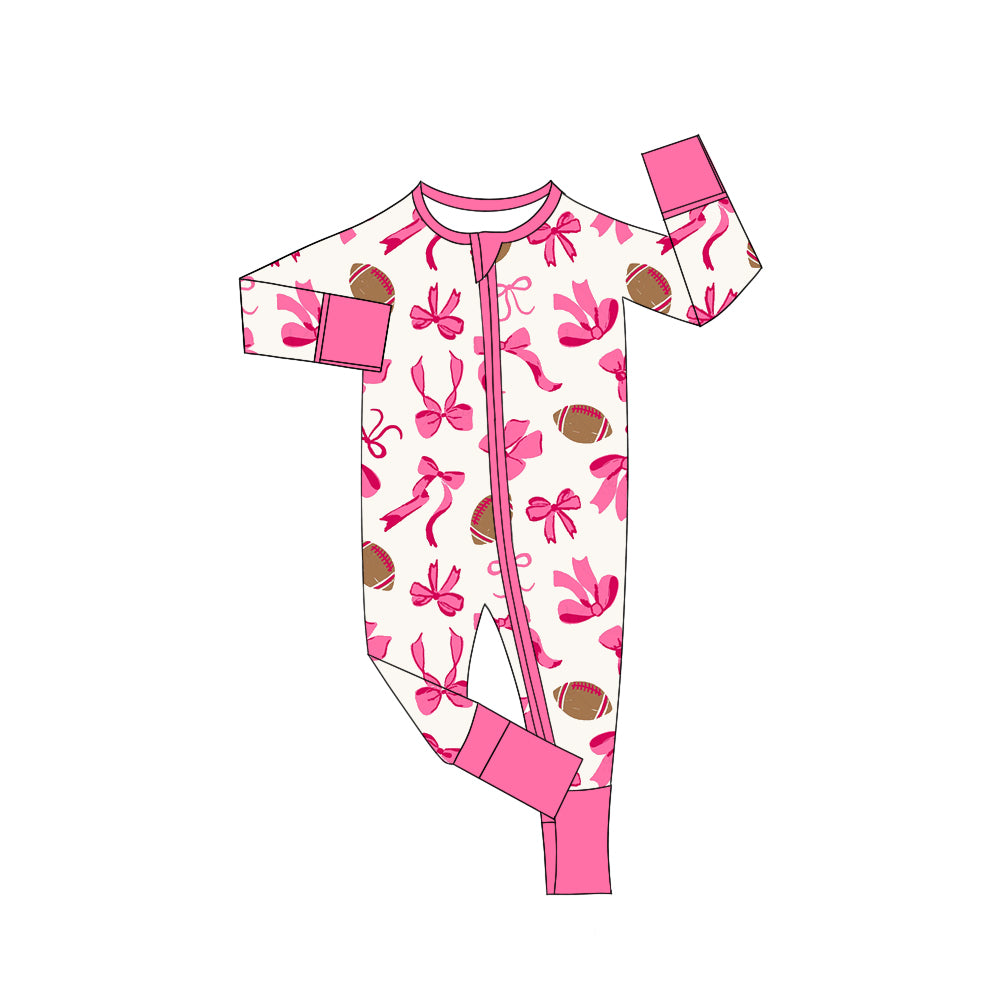 Long sleeves pink bow football baby girls zipper romper