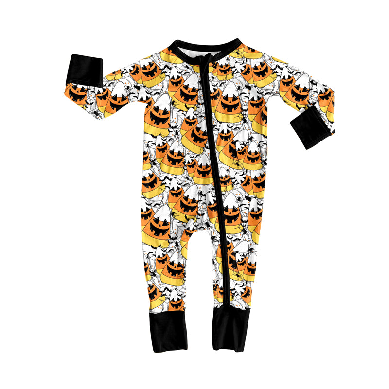 Long sleeves candy corn bat baby kids Halloween zipper romper
