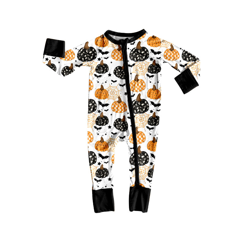 Plaid ghost pumpkin bat baby kids Halloween zipper romper