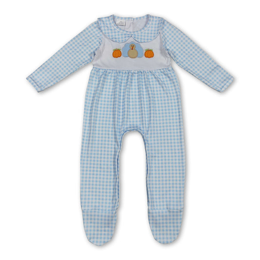 Plaid pumpkin turkey baby boy Thanksgiving footed romper
