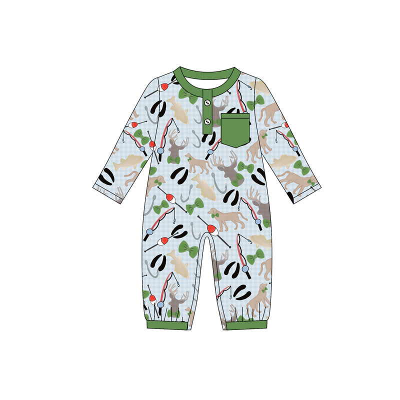Long sleeves hunting dog deer fishing baby boy romper