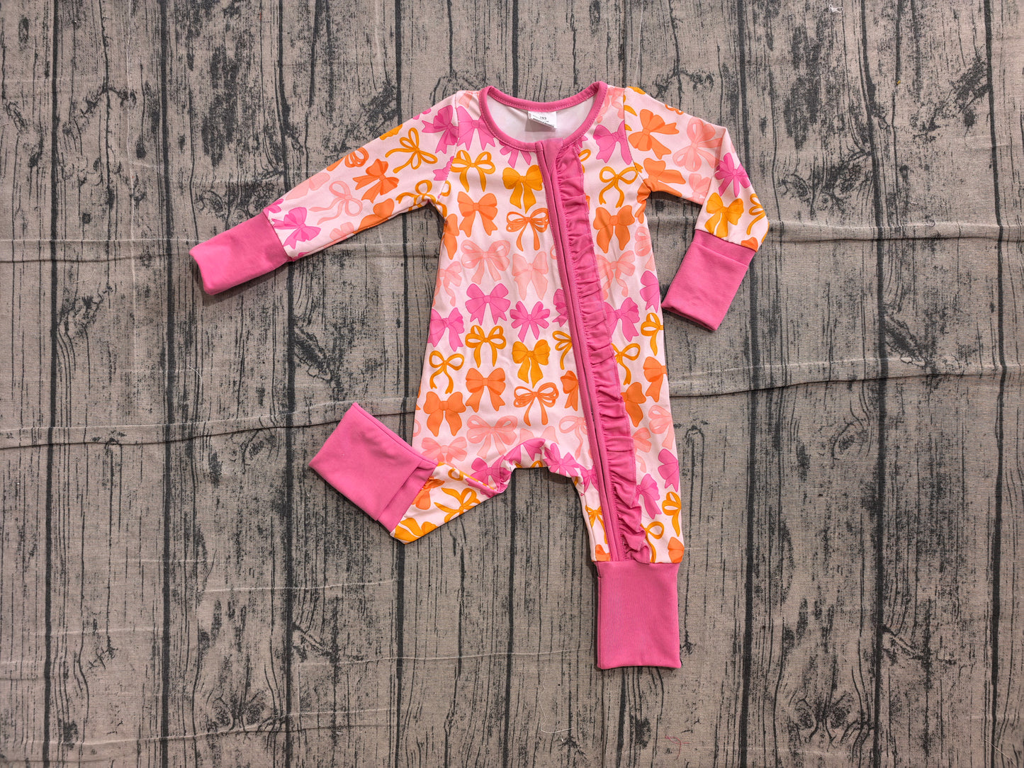 Long sleeves pink ruffle bows baby girls zipper romper