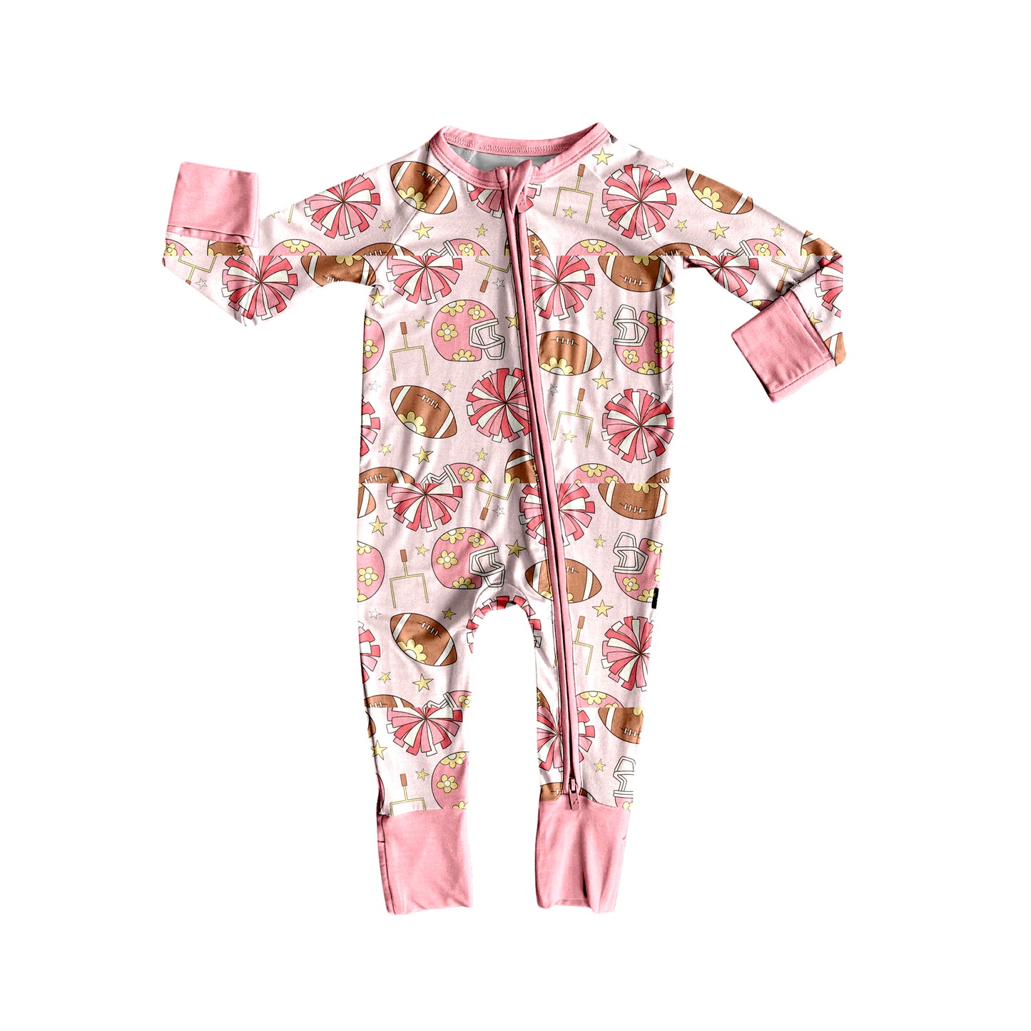 Pink floral helmet football baby girls zipper romper