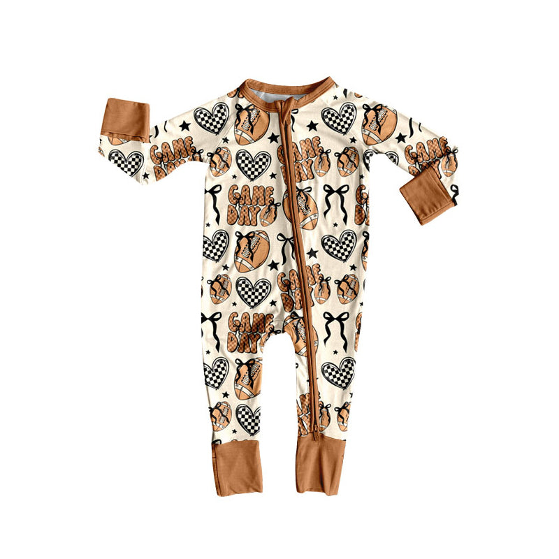 Game day heart bow football baby girls zipper romper