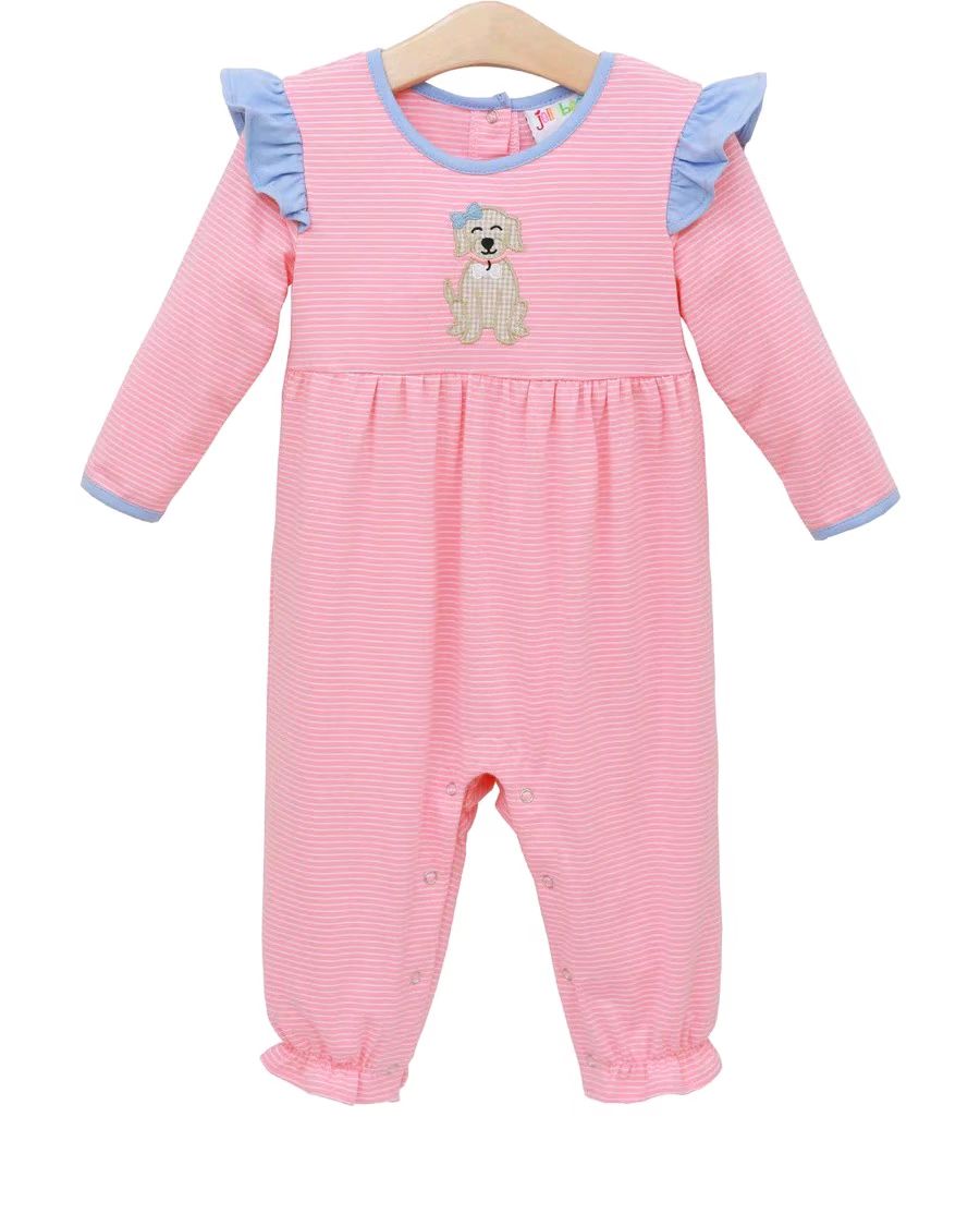 Pink stripe long sleeves bow dog baby girl romper