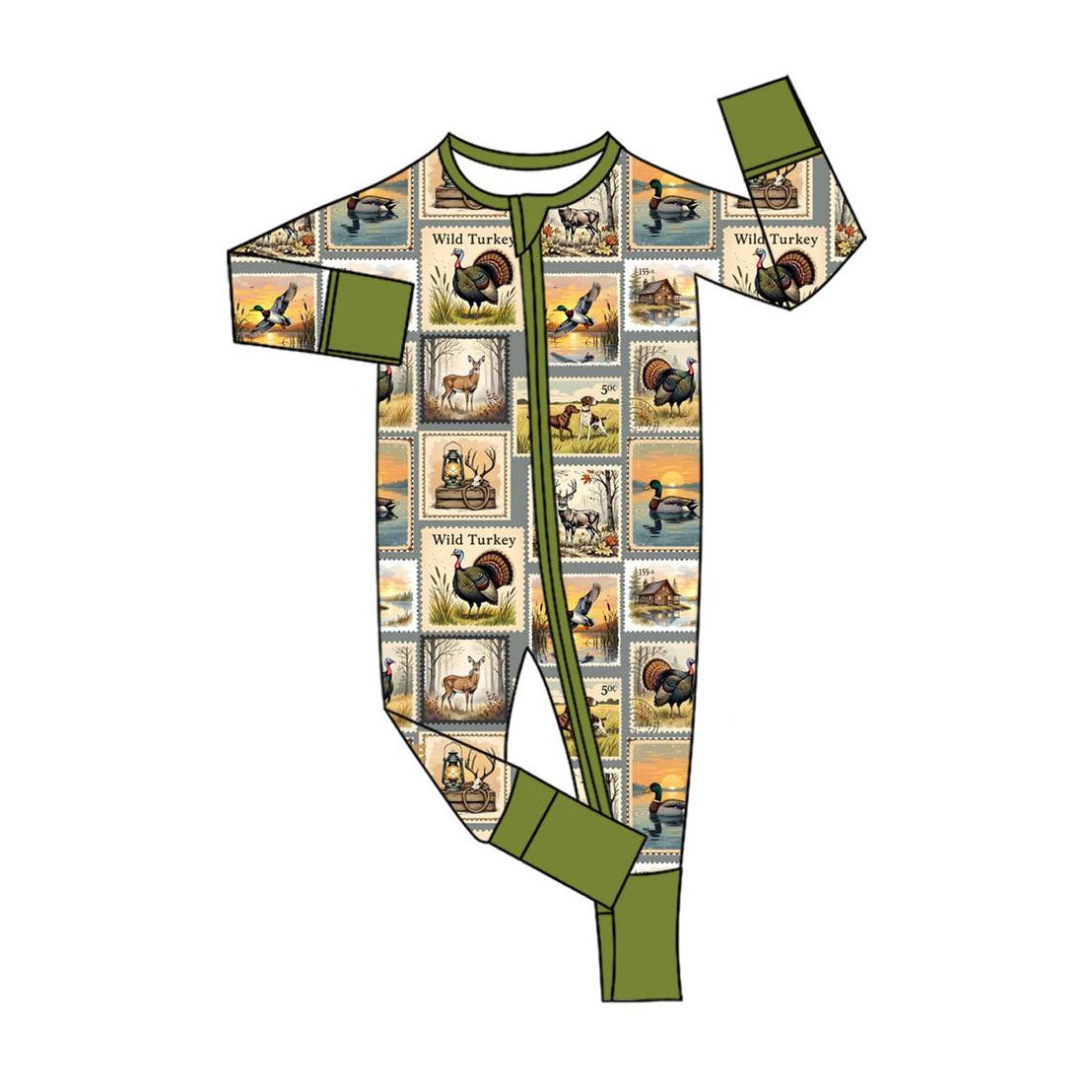 Hunting dog duck turkey deer baby boy zipper romper