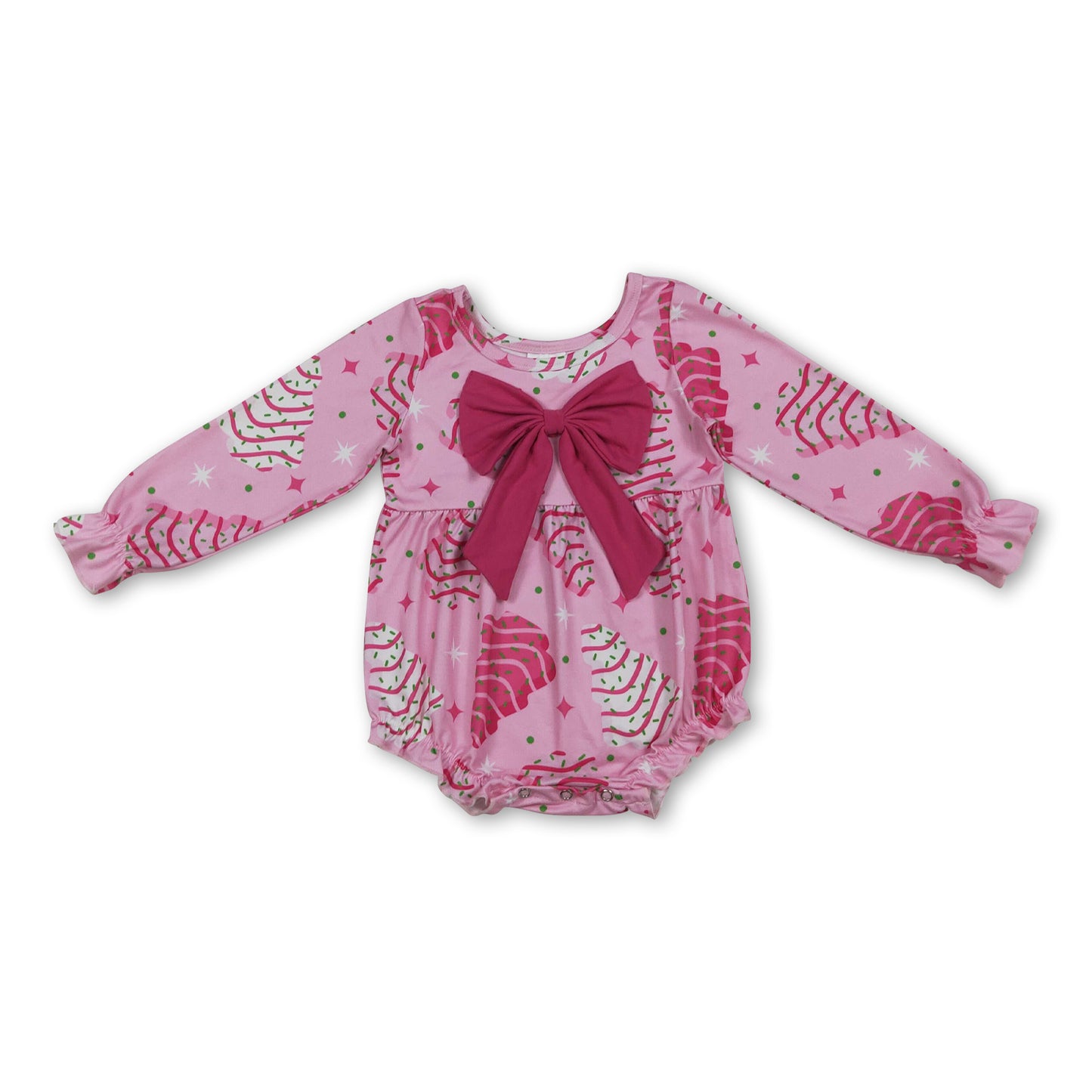 Pink bow long sleeves Christmas tree cake baby girl romper