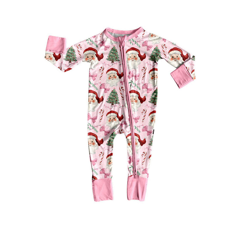 Pink bow candy cane santa baby girls Christmas zipper romper