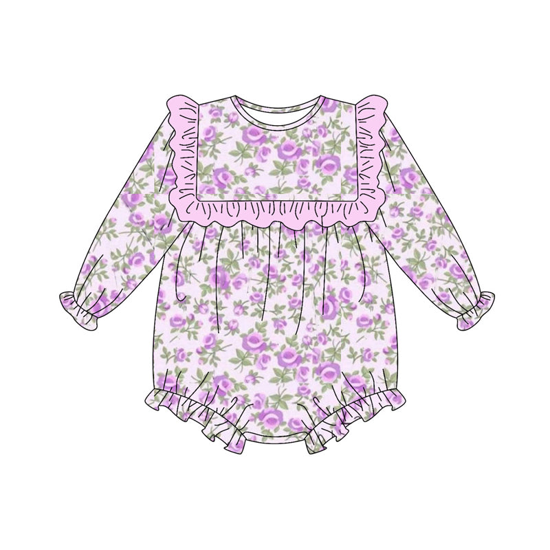 Long sleeves pink ruffle floral baby girls romper