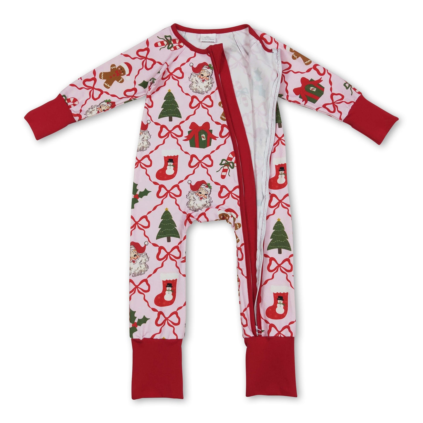 Red bow santa gingerbread baby Christmas zipper romper