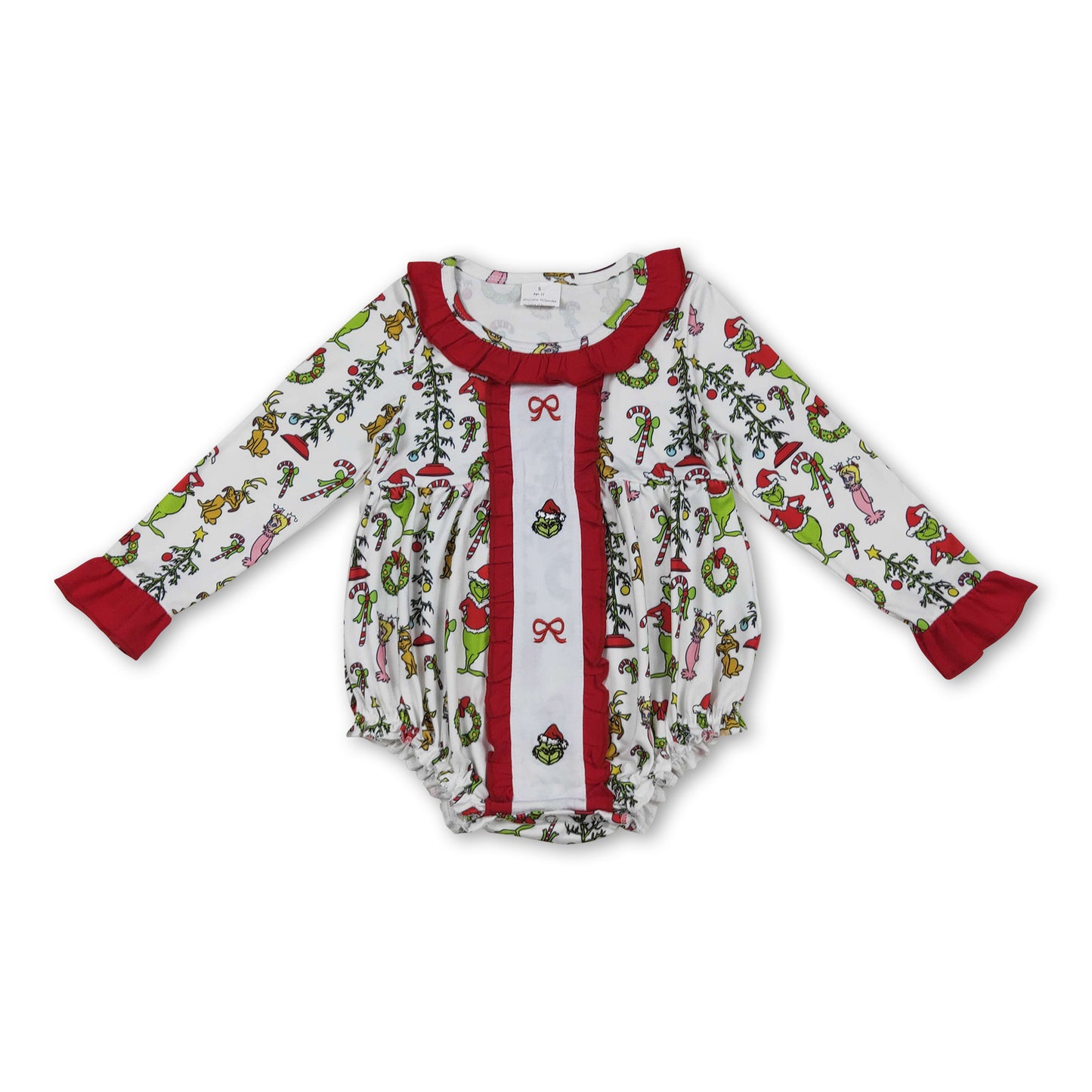 Long sleeves red bow green face baby Christmas romper