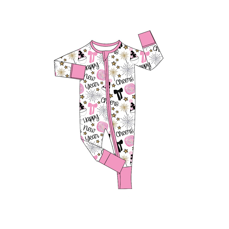 Pink bow Happy New Year baby girls zipper romper