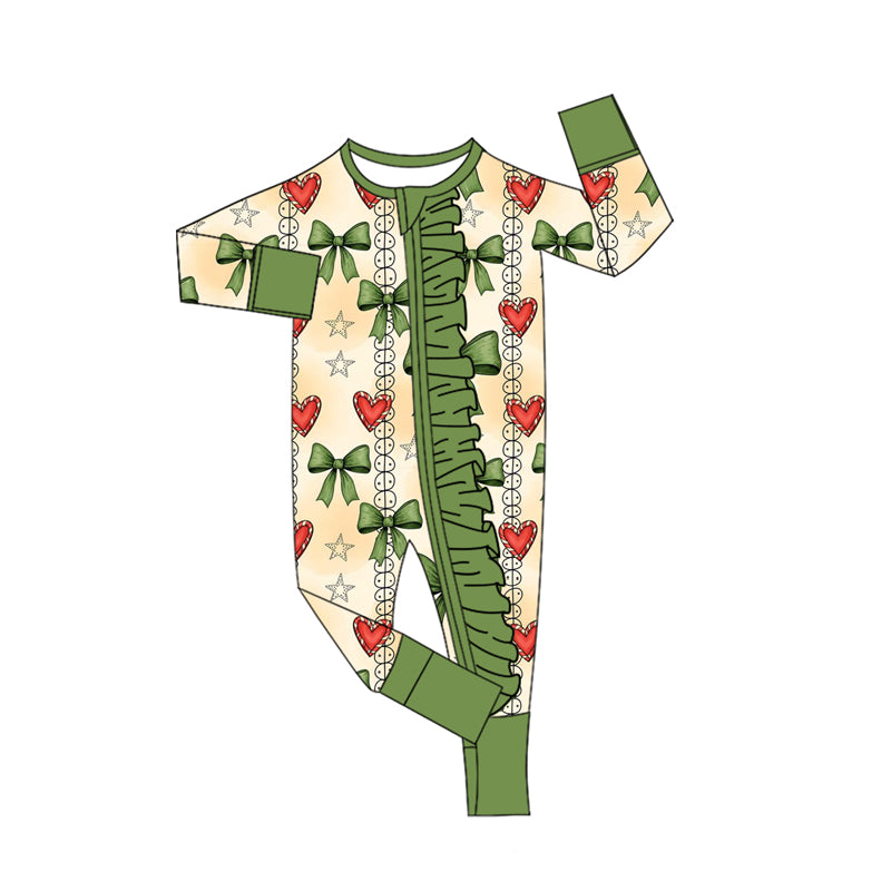 Green bow candy cane heart baby girls Christmas zip romper
