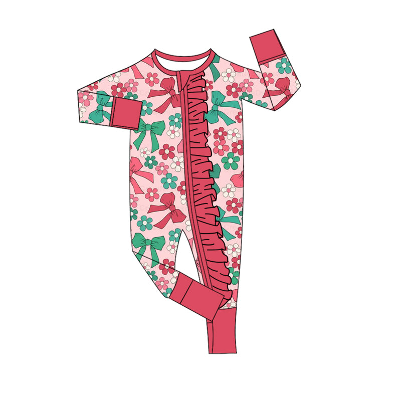 Green red bow floral ruffle baby girls Christmas zip romper