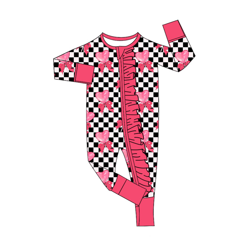 Pink heart bow plaid baby girls Valentine's zip romper
