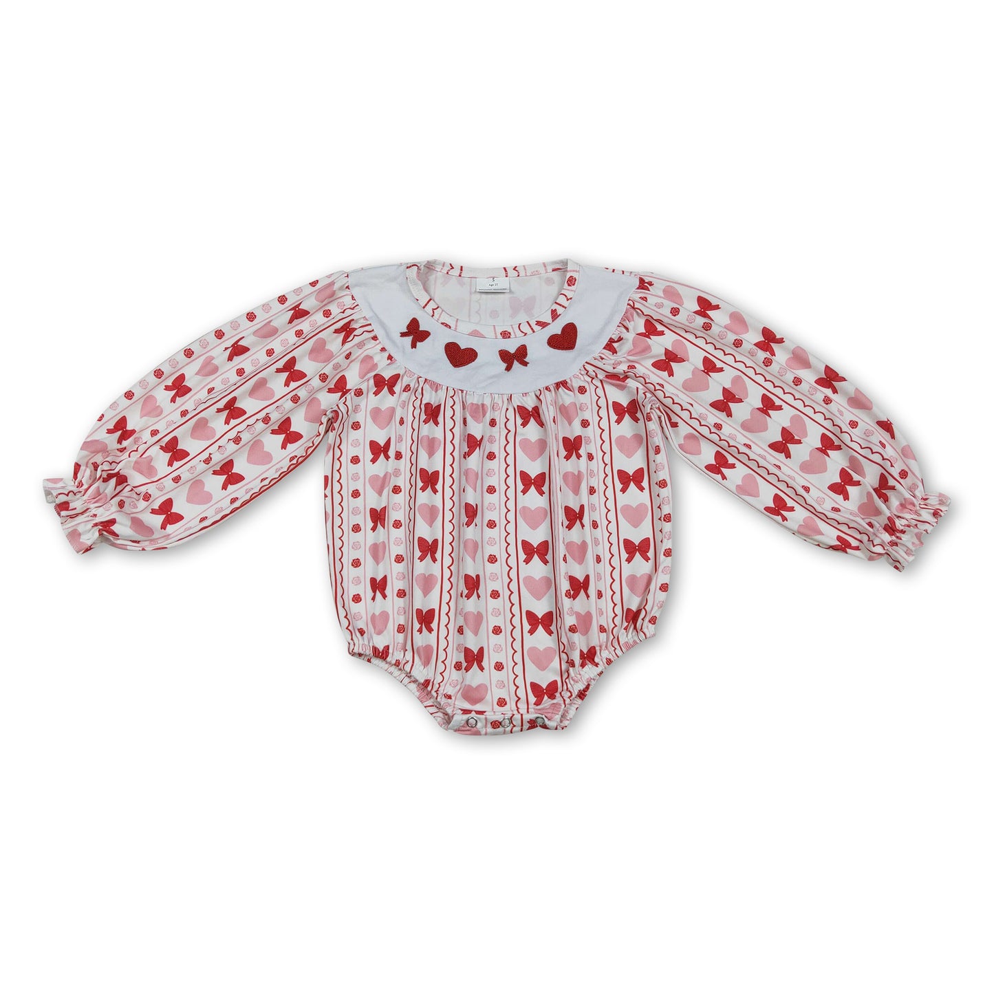Long sleeves heart bow embroidery girls Valentine's romper