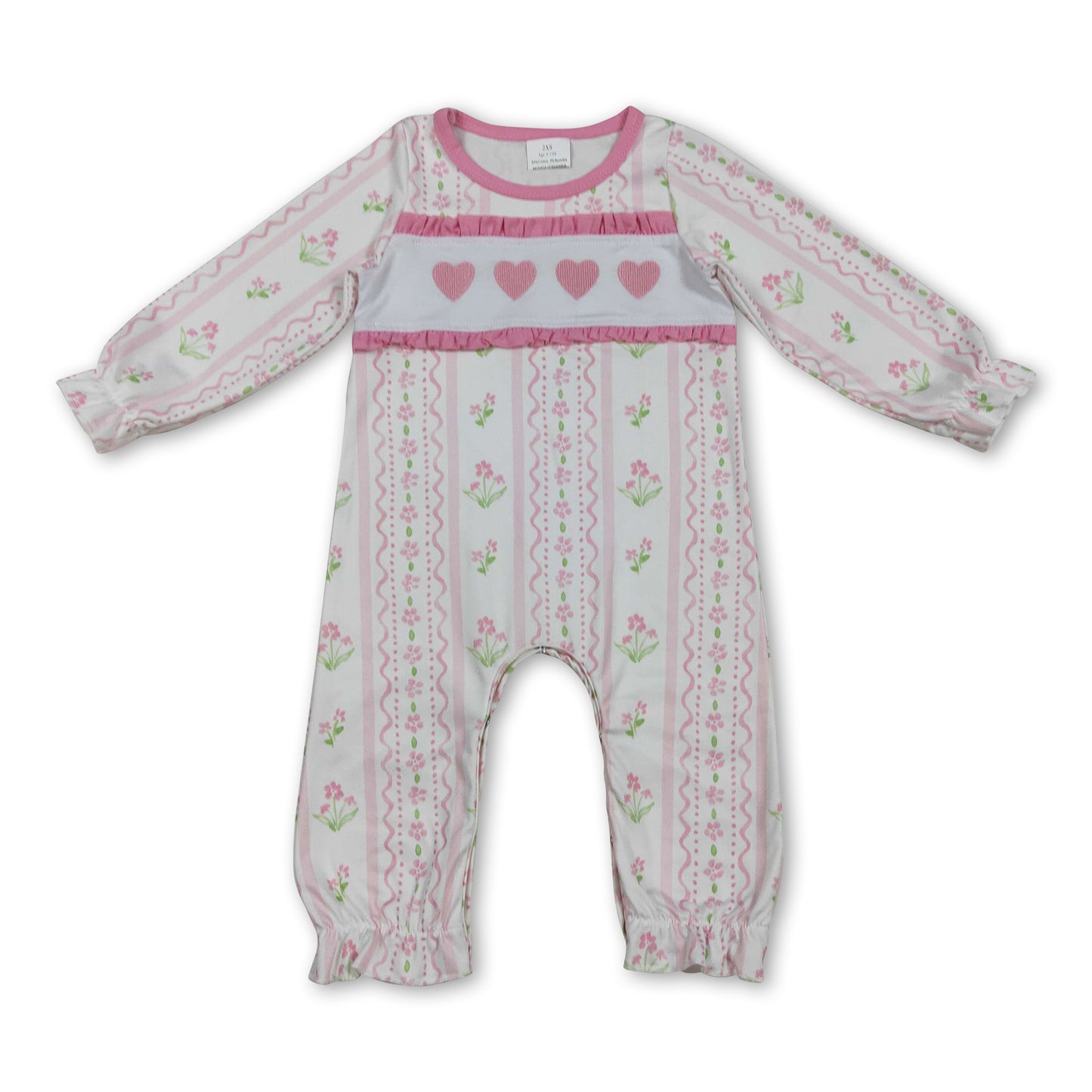 Stripe long sleeves pink flowers heart baby girls Valentine's day romper