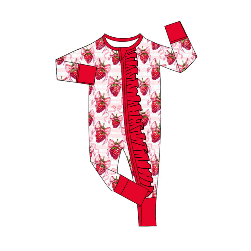 long sleeves red strawberry baby girl romper
