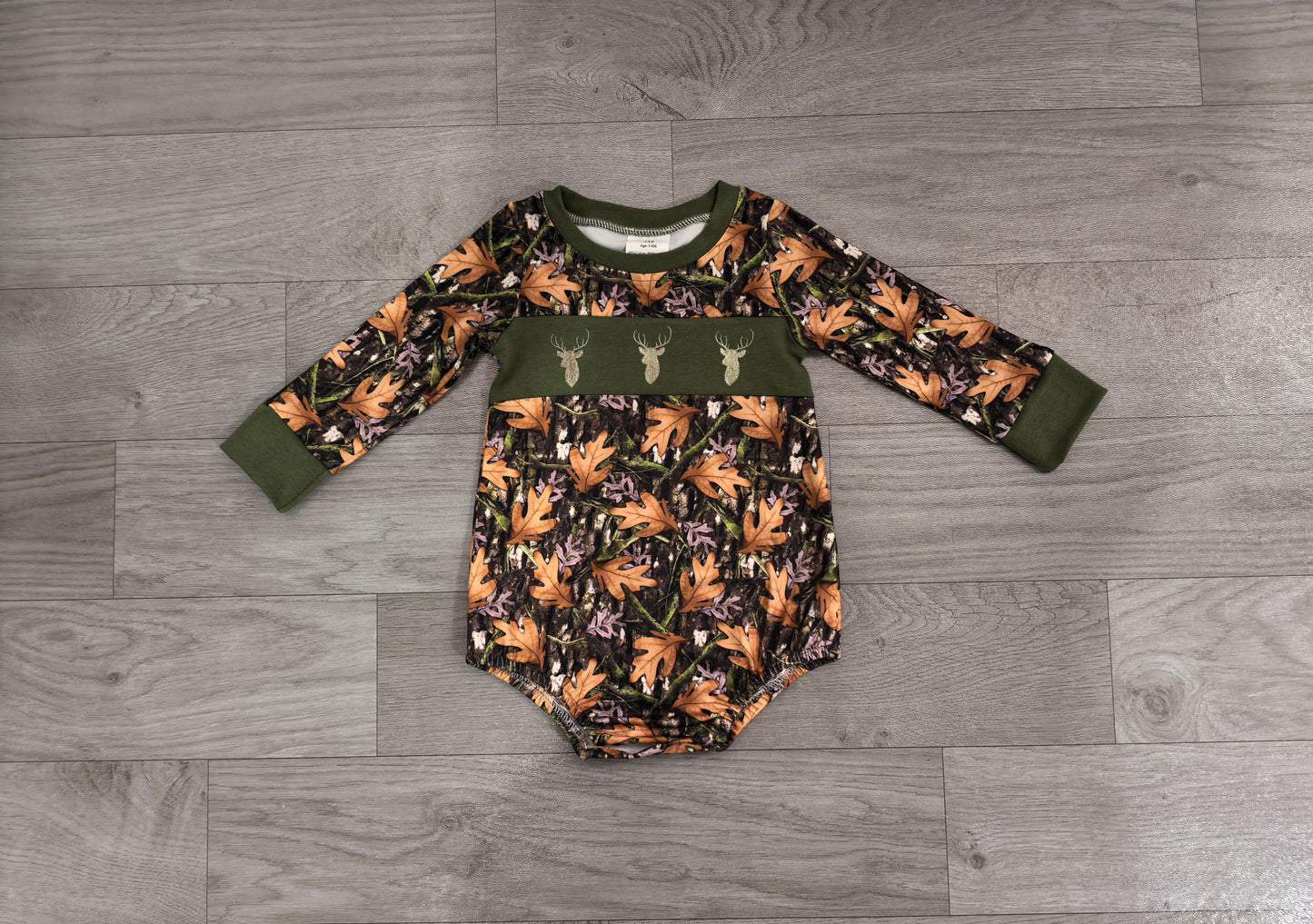 deer smock long sleeves leaves baby boy romper
