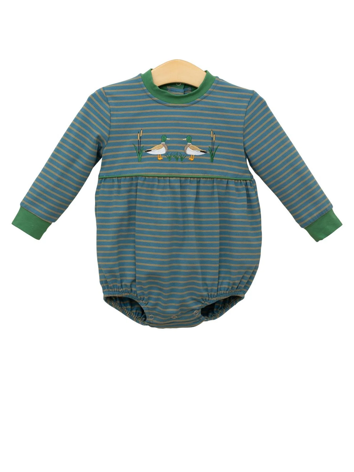Long sleeves green stripe duck boy romper